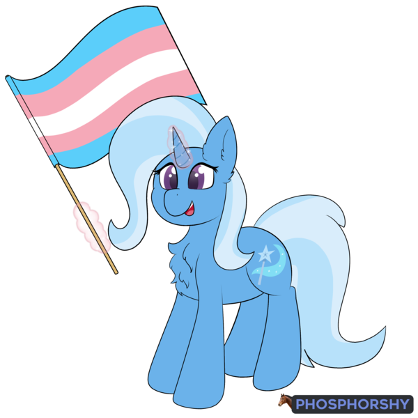 Size: 3000x3000 | Tagged: safe, artist:phosphorshy, derpibooru import, trixie, pony, unicorn, chest fluff, ear fluff, female, flag, high res, image, magic, mare, open mouth, open smile, png, pride, pride flag, signature, simple background, smiling, solo, trans trixie, transgender, transgender pride flag, transparent background