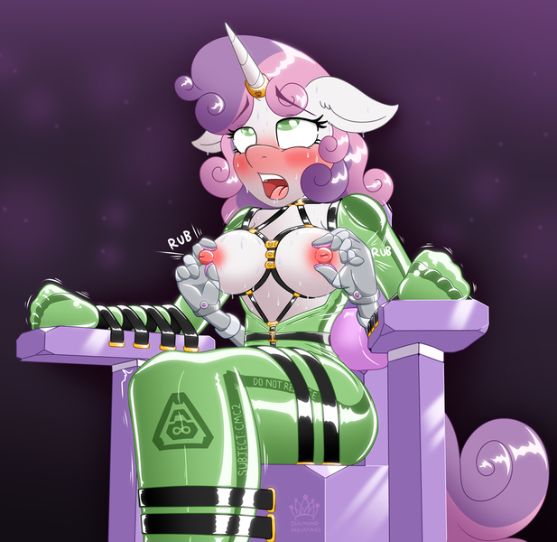 Size: 1344x1306 | Tagged: questionable, artist:caroo, derpibooru import, sweetie belle, anthro, plantigrade anthro, adult, bdsm, big breasts, bondage, breasts, busty sweetie belle, image, implied diamond tiara, latex, latex suit, nudity, older, png, teasing