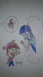 Size: 670x1192 | Tagged: safe, artist:xxyazzychanartsxx, derpibooru import, twilight sparkle, human, equestria girls, clothes, crossover, hat, image, jimmy neutron, jpeg, looking at each other, looking at someone, pants, pencil drawing, portal, question mark, shirt, signature, smiling, sparkles, tara strong, the fairly oddparents, timmy turner, traditional art, voice actor joke, waving