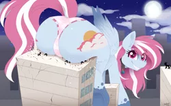 Size: 5000x3103 | Tagged: suggestive, artist:snowyseal, derpibooru import, oc, oc:evening skies, pegasus, pony, building, butt, clothes, destruction, female, giant pony, giantess, image, macro, micro, night, panties, pegasus oc, png, size difference, underwear, wings