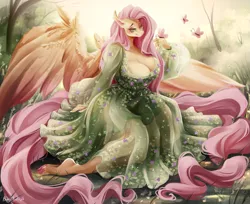 Size: 1105x900 | Tagged: suggestive, artist:bunnywhiskerz, derpibooru import, fluttershy, anthro, butterfly, insect, pegasus, unguligrade anthro, big breasts, breasts, busty fluttershy, clothes, dress, female, huge breasts, image, png, spring