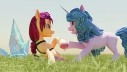 Size: 3840x2160 | Tagged: safe, artist:littleiceage, derpibooru import, izzy moonbow, sunny starscout, earth pony, pony, unicorn, 3d, blender, day, female, g5, grass, image, izzyscout, jpeg, lesbian, mare, my little pony: a maretime bay adventure, shipping, smiling