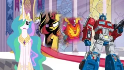 Size: 900x506 | Tagged: safe, artist:robertsonskywa1, derpibooru import, idw, princess celestia, sunset shimmer, alicorn, pony, unicorn, fanfic:my little pony x transformers: war for equestria, castle of the royal pony sisters, hot rod, image, optimus prime, photo, png, post-credits, rodimus, spoilers for another series, story included, transformers, worried