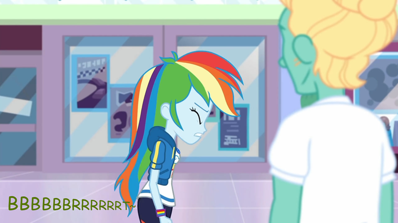 Size: 1000x563 | Tagged: suggestive, artist:thedarkpony, derpibooru import, edit, edited screencap, screencap, rainbow dash, zephyr breeze, equestria girls, equestria girls series, holidays unwrapped, spoiler:eqg series (season 2), clothes, dashing through the mall, fart, fart edit, fart noise, female, image, onomatopoeia, pants, png, skintight clothes, sound effects