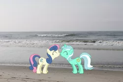 Size: 3170x2113 | Tagged: safe, artist:mlplover94, artist:mysteriouskaos, derpibooru import, bon bon, lyra heartstrings, sweetie drops, earth pony, pony, unicorn, atlantic city, beach, boop, eyes closed, female, high res, image, irl, jpeg, lesbian, lyrabon, mare, new jersey, noseboop, photo, ponies in real life, scrunchy face, shipping, smiling