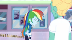 Size: 1008x568 | Tagged: suggestive, artist:thedarkpony, derpibooru import, edit, edited screencap, screencap, rainbow dash, zephyr breeze, equestria girls, equestria girls series, holidays unwrapped, spoiler:eqg series (season 2), accident, clothes, dashing through the mall, fart, fart noise, female, fetish, image, implied messing, implied pooping, implied scat, messing, onomatopoeia, panties, pants, pantypoop, png, scat, skintight clothes, sound effects, underwear