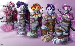 Size: 4176x2608 | Tagged: suggestive, artist:lustdidharem, derpibooru import, fluttershy, princess cadance, rarity, starlight glimmer, sunset shimmer, equestria girls, arm behind back, bondage, bound and gagged, breasts, busty fluttershy, busty sunset shimmer, butterfly hairpin, chair, cleavage, clothes, commission, cutie mark accessory, damsel in distress, dean cadance, dress, duct tape, female, females only, femsub, gag, gown, gradient background, hairpin, hands behind back, helpless, high res, image, jewelry, legs together, levitation, looking at you, looking down, magic, mummification, necklace, pink background, png, rope, rope bondage, simple background, sitting, submissive, tape, tape bondage, tape gag, telekinesis, tiara, tied to chair, veil