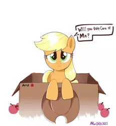 Size: 1771x1917 | Tagged: safe, artist:aceslingerexo, derpibooru import, applejack, earth pony, pony, apple, applejack's hat, box, cowboy hat, cute, female, food, freckles, hat, image, jackabetes, jpeg, looking at you, mare, pony in a box, simple background, solo, stetson, white background