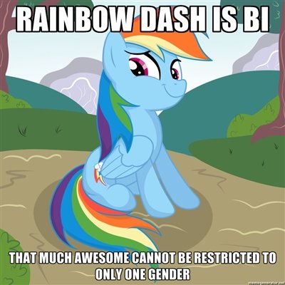 Size: 400x400 | Tagged: safe, derpibooru import, rainbow dash, pegasus, pony, artifact, bisexuality, caption, female, headcanon, image, image macro, impact font, jpeg, meme, sexuality headcanon, solo, text