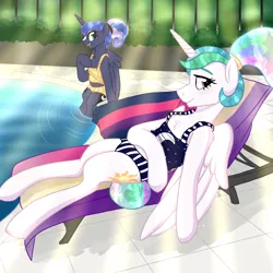 Size: 3000x3000 | Tagged: safe, artist:ponykittenboi, derpibooru import, princess celestia, princess luna, alicorn, pony, alternate hairstyle, bars, beach chair, beach towel, belly button, clothes, cute, derpibooru exclusive, fence, flowing mane, folded wings, image, lying down, matching outfits, on back, open mouth, plants, png, relaxing, retirement, short shirt, smiling, sparkly mane, summer, sunscreen, swimming pool, swimsuit, towel, water, wings