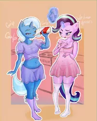 Size: 1102x1372 | Tagged: suggestive, artist:mistleinn, derpibooru import, starlight glimmer, trixie, anthro, unicorn, bra, breasts, clothes, drinking, female, glass, image, jpeg, lesbian, levitation, magic, milk, milk carton, one eye closed, panties, plump, see-through, simple background, socks, stockings, telekinesis, thigh highs, underwear