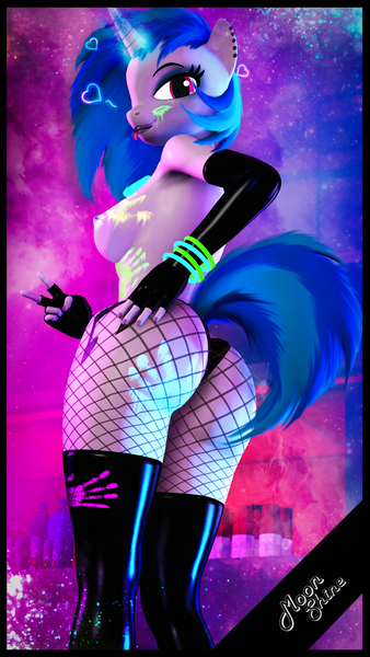 Size: 2160x3840 | Tagged: questionable, artist:moonshine, derpibooru import, vinyl scratch, anthro, plantigrade anthro, unicorn, 3d, animated, armband, ass, beautiful, bed, bouncing, bouncing breasts, breasts, busty vinyl scratch, butt, butt shake, clothes, computer, evening gloves, female, fingerless elbow gloves, fingerless gloves, fluorescent, gloves, grope, headphones, image, jewelry, laptop computer, latex, latex gloves, latex socks, latex stockings, laying on bed, leg kick, long gloves, looking at you, lying down, necklace, neon, nipples, nudity, on bed, one eye closed, party, png, rave, self grope, sexy, socks, solo, solo female, source filmmaker, stocking feet, stockings, swaying hips, tail, the pose, thigh highs, thighs, vinyl ass, wink