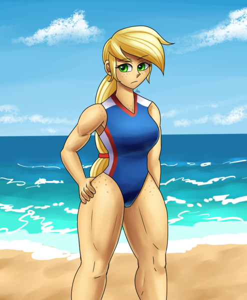 Size: 1400x1700 | Tagged: safe, artist:zachc, derpibooru import, applejack, equestria girls, applejacked, beach, clothes, eyebrows, eyebrows visible through hair, female, frown, hand on hip, image, muscles, one-piece swimsuit, png, solo, swimsuit