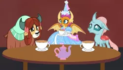 Size: 640x363 | Tagged: safe, artist:darlycatmake, derpibooru import, ocellus, smolder, yona, changeling, dragon, yak, clothes, cup, dragoness, dress, dressup, female, froufrou glittery lacy outfit, gloves, hanging out, happy, hat, hennin, image, jewelry, jpeg, long gloves, necklace, playful, playing, princess, princess smolder, table, tea kettle, tea party, trio, trio female