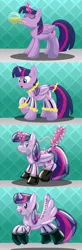 Size: 1900x5800 | Tagged: safe, artist:bladedragoon7575, derpibooru import, twilight sparkle, alicorn, air tank, commission, hazmat suit, image, one eye closed, png, potion, transformation, transformation sequence, wink