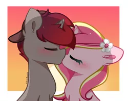 Size: 3615x2860 | Tagged: safe, artist:kittyrosie, derpibooru import, oc, oc:rosa flame, pony, unicorn, abstract background, eyes closed, flower, flower in hair, horn, image, kissing, oc x oc, png, shipping, simple background, unicorn oc