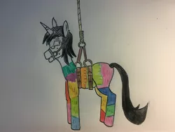 Size: 4032x3024 | Tagged: safe, artist:schwarz, derpibooru import, oc, oc:schwarz, unicorn, bondage, bridle, hanging, image, jpeg, piñata, tack