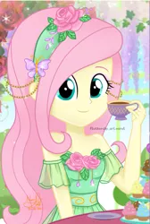 Size: 693x1034 | Tagged: safe, artist:fluttershy_art.nurul, derpibooru import, fluttershy, equestria girls, bandana, chains, clothes, cup, cupcake, cute, digital art, dress, flower, flower in hair, food, garden, gown, green dress, green eyes, image, leaf, looking at you, png, rose, save, smiling, solo, table, tea, tea party