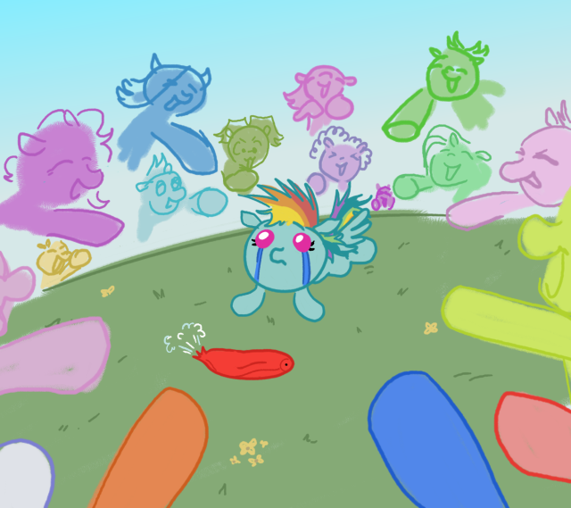 Size: 640x569 | Tagged: safe, artist:thunderpibb, derpibooru import, rainbow dash, pegasus, pony, ball, crying, deflated, female, foal, grass, image, laughing, png, pointing, spiky mane