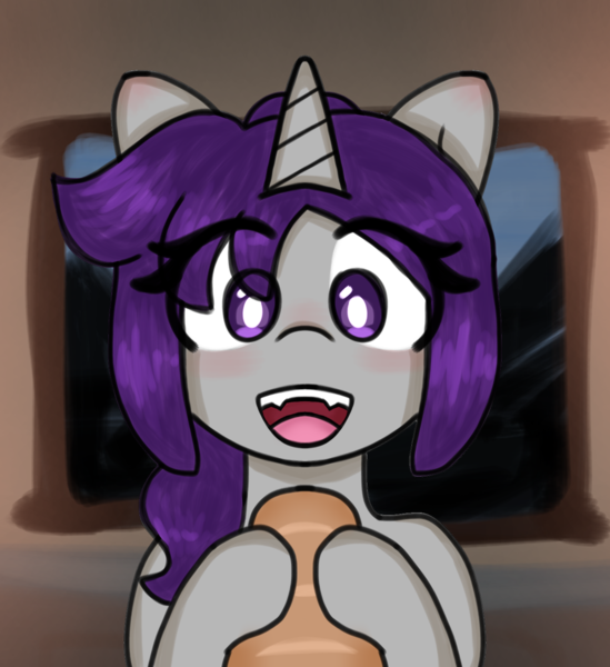 Size: 1327x1451 | Tagged: safe, artist:seylan, derpibooru import, oc, oc:rispi, unofficial characters only, pony, unicorn, bread, digital art, eye clipping through hair, female, food, image, mare, png, solo