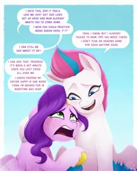 Size: 1756x2194 | Tagged: safe, artist:bcpony, derpibooru import, pipp petals, zipp storm, pegasus, my little pony: make your mark, adorapipp, adorazipp, big sister instinct, comforting, commissioner:navelcolt, crying, cute, dialogue, female, g5, hug, image, jpeg, siblings, sisters, speech bubble