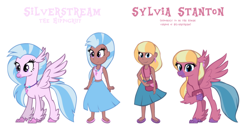 Size: 1500x800 | Tagged: safe, artist:tarkan809, derpibooru import, silverstream, hippogriff, human, clothes, duo, duo female, ear piercing, earring, female, hippogriffied, humanized, image, jewelry, necklace, piercing, png, purse, simple background, species swap, sylvia, sylvia stanton, transparent background, vector