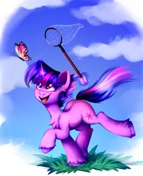 Size: 2300x2835 | Tagged: safe, artist:pozya1007, derpibooru import, twilight sparkle, butterfly, insect, pony, unicorn, butterfly net, chest fluff, happy, image, magic, net, png, smiling, solo, summer, telekinesis, unshorn fetlocks