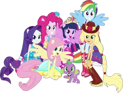 Size: 1043x792 | Tagged: safe, artist:pascalmulokozi2, derpibooru import, edit, edited screencap, screencap, applejack, fluttershy, pinkie pie, rainbow dash, rarity, sci-twi, spike, twilight sparkle, dog, equestria girls, equestria girls (movie), background removed, fall formal outfits, humane five, humane six, image, looking at you, png, ponied up, spike the dog