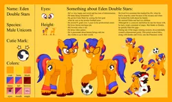 Size: 1920x1147 | Tagged: safe, artist:alexdti, derpibooru import, oc, oc:eden doublestars, oc:zendra flame, pony, unicorn, football, glasses, image, male, png, reference sheet, sports, stallion