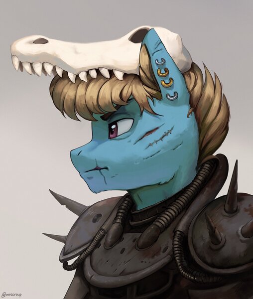 Size: 1734x2048 | Tagged: safe, artist:mrscroup, derpibooru import, oc, unofficial characters only, anthro, fallout equestria, armor, ear piercing, earring, helmet, image, jewelry, jpeg, piercing, raider, scar, skull, skull helmet, solo