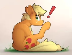 Size: 2110x1600 | Tagged: safe, artist:yakovlev-vad, derpibooru import, applejack, earth pony, pony, behaving like a cat, caught, exclamation point, female, grooming, hoof licking, image, licking, looking at you, looking back, looking back at you, mare, png, sitting, solo, surprised, tongue out, wide eyes