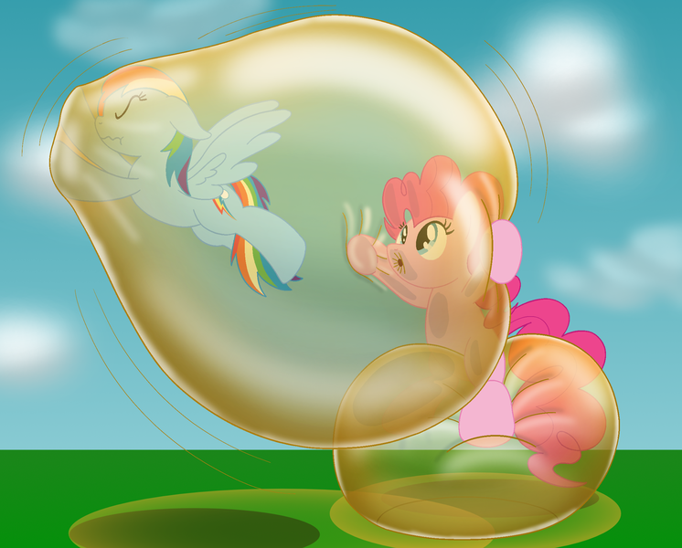 Size: 2218x1783 | Tagged: safe, artist:bladedragoon7575, derpibooru import, pinkie pie, rainbow dash, earth pony, pegasus, pony, blowing bubbles, bondage, bubble, cloud, encasement, eyes closed, flying, image, in bubble, pinkie being pinkie, png, simple background, sitting, spread wings, squishy, trapped, wavy mouth, wings