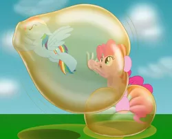 Size: 2218x1783 | Tagged: safe, artist:bladedragoon7575, derpibooru import, pinkie pie, rainbow dash, earth pony, pegasus, pony, blowing bubbles, bondage, bubble, cloud, encasement, eyes closed, flying, image, in bubble, pinkie being pinkie, png, simple background, sitting, spread wings, squishy, trapped, wavy mouth, wings