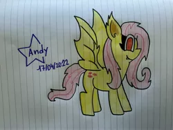 Size: 4032x3024 | Tagged: safe, artist:andreajaywonder2005, derpibooru import, fluttershy, bat pony, pony, vampire, vampony, bat ponified, bat wings, fangs, female, flutterbat, image, jpeg, lined paper, mare, pencil drawing, race swap, smiling, solo, spread wings, stars, text, traditional art, wings