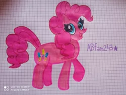 Size: 3264x2448 | Tagged: safe, artist:andreajaywonder2005, derpibooru import, pinkie pie, earth pony, pony, female, graph paper, image, jpeg, mare, pencil drawing, raised hoof, smiling, solo, stars, text, traditional art