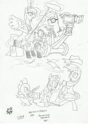 Size: 2423x3401 | Tagged: safe, artist:jowybean, derpibooru import, applejack, princess luna, spike, twilight sparkle, oc, alicorn, dragon, earth pony, pony, unicorn, camera, clapperboard, female, filming, image, jpeg, male, mare, monochrome, stallion, unicorn twilight