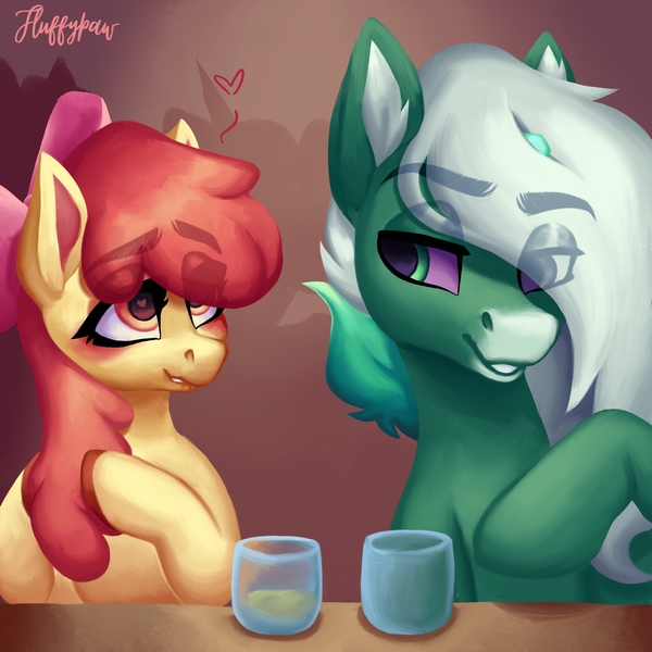 Size: 4000x4000 | Tagged: safe, artist:mishi_ovo, derpibooru import, apple bloom, oc, oc:barnnest, earth pony, unicorn, apple, couple, cute, date, doodle, fanart, female, food, image, jpeg, male, older, older apple bloom, ponysona, raffle prize, waifu