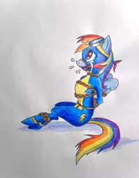 Size: 1280x1636 | Tagged: safe, artist:boundpup, derpibooru import, rainbow dash, anthro, pegasus, pony, arm behind back, bondage, cleave gag, clothes, crying, dashub, female, femsub, gag, image, jpeg, rope, rope bondage, rope gag, submissive, tied up, uniform, wonderbolts uniform