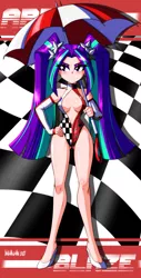 Size: 2382x4700 | Tagged: suggestive, artist:danmakuman, derpibooru import, aria blaze, equestria girls, absolute cleavage, belly button, breasts, cleavage, clothes, gloves, human coloration, image, long gloves, png, race queen, umbrella