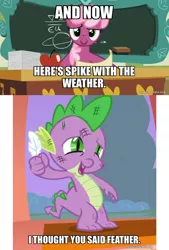 Size: 800x1183 | Tagged: safe, derpibooru import, edit, edited screencap, screencap, cheerilee, spike, dragon, earth pony, family appreciation day, owl's well that ends well, caption, feather, image, image macro, jpeg, text, the fairly oddparents