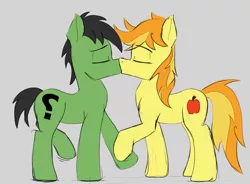Size: 3472x2552 | Tagged: safe, artist:sefastpone, derpibooru import, braeburn, oc, oc:anon stallion, earth pony, pony, canon x oc, colored sketch, digital art, eyes closed, gay, hoof hold, image, kissing, male, png, sefast's anon, shipping, sketch