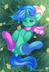 Size: 2232x3258 | Tagged: safe, artist:monstrum, derpibooru import, oc, unofficial characters only, pony, unicorn, background pony, clothes, cute, eyes closed, flower, grass, hat, horn, image, jpeg, raffle prize, scarf, sleeping, sleepy, socks, solo