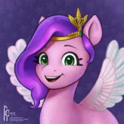 Size: 2025x2025 | Tagged: safe, artist:rcooper, derpibooru import, pipp petals, pegasus, pony, my little pony: a new generation, g5, green eyes, image, jewelry, jpeg, simple background, smiling, solo, spread wings, tiara, wings