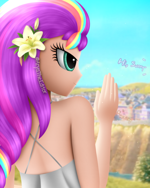 Size: 1200x1500 | Tagged: safe, artist:aryatheeditor, derpibooru import, sunny starscout, alicorn, equestria girls, my little pony: a new generation, adorasexy, bare shoulders, clothes, cute, digital art, equestria girls-ified, eyebrows, female, flower, flower in hair, g5, g5 to equestria girls, generation leap, glow, image, looking at you, maretime bay, outfit, png, pose, race swap, sexy, shiny, sleeveless, smiling, smiling at you, solo, subtitles, sunnybetes, sunnycorn, waving