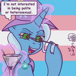 Size: 1000x1000 | Tagged: safe, artist:erynerikard, derpibooru import, trixie, pony, unicorn, cape, clothes, digital art, hat, image, magic, martini glass, meme, mouthpiece, olive, open mouth, png, politics, ponified meme, pride, pride flag, solo, speech bubble, tape, telekinesis, trans trixie, transgender, transgender pride flag, trixie's cape, trixie's hat