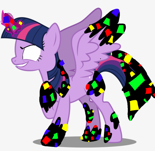 Size: 855x833 | Tagged: safe, artist:monikaddlcgirl20, derpibooru import, twilight sparkle, twilight sparkle (alicorn), alicorn, pony, corrupted, dusk till dawn, error, evil twilight, female, glitch, horn, image, magic, mare, pibby, png, simple background, smiling, spread wings, white background, wings