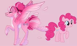 Size: 735x448 | Tagged: safe, artist:moonlight23345, derpibooru import, pinkie pie, earth pony, pegasus, pony, eyes closed, feathered fetlocks, female, hair bun, image, jpeg, mare, pegasus pinkie pie, pink background, race swap, redesign, self paradox, self ponidox, simple background, smiling