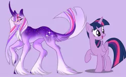 Size: 735x448 | Tagged: safe, artist:moonlight23345, derpibooru import, twilight sparkle, twilight sparkle (alicorn), alicorn, classical unicorn, pony, unicorn, cloven hooves, female, glasses, image, jpeg, leonine tail, mare, purple background, redesign, self paradox, self ponidox, simple background, smiling, unicorn twilight, unshorn fetlocks