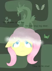 Size: 800x1100 | Tagged: safe, artist:fluttergore, derpibooru import, discord, fluttershy, butterfly, draconequus, insect, pegasus, pony, dialogue, discorded, element of kindness, female, floppy ears, frown, image, male, mare, maze, png, sad, spread wings, text, wings