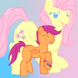 Size: 1000x1000 | Tagged: safe, artist:fluttergore, derpibooru import, fluttershy, scootaloo, pegasus, pony, blushing, bracelet, eyes closed, female, filly, foal, gradient background, image, jewelry, mare, png, raised hoof, smiling, wings